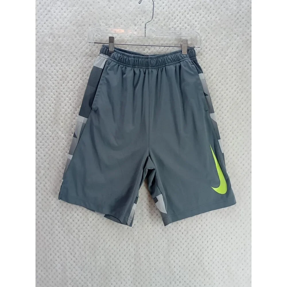 Nike Dri-Fit Boys XL Gray Drawstring Elastic Waistband Green Logo Mesh Shorts